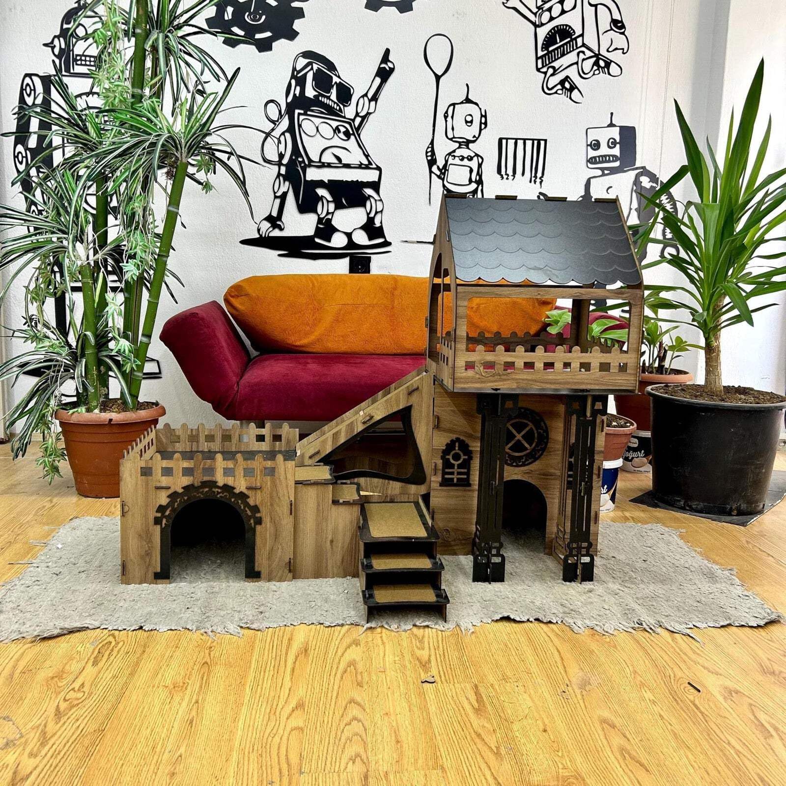 Dach‑Triplex Kaninchenhaus „Bunny Castle“ – Großes 3‑stöckiges Hasenschloss mit Terrasse & Holzbrücke – Für bis zu 4 Kaninchen (bis 10 kg), inkl. waschbaren Welsoft‑Kissen (weiß-rosa, N) – Bild 6