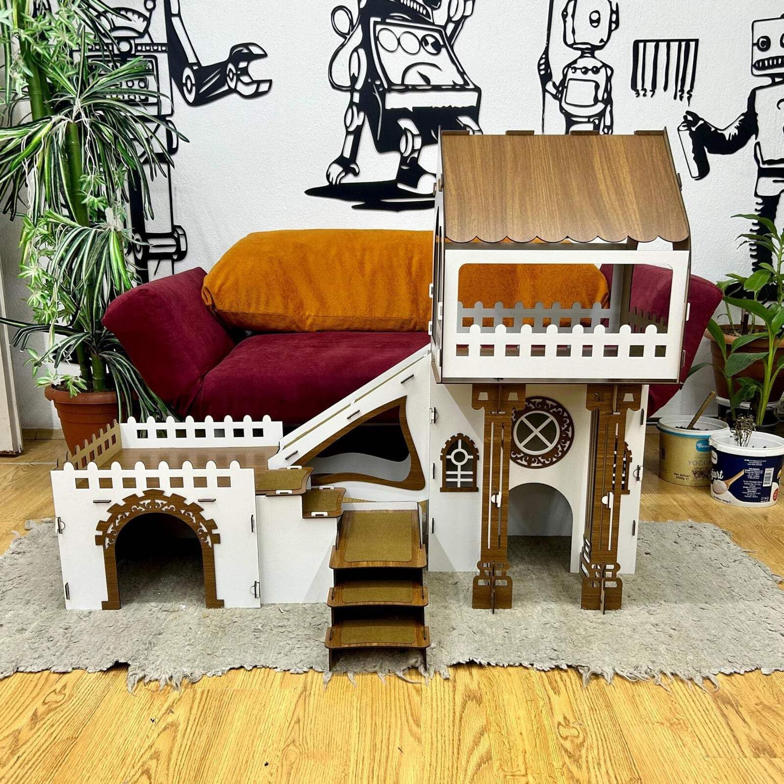 Dach‑Triplex Kaninchenhaus „Bunny Castle“ – Großes 3‑stöckiges Hasenschloss mit Terrasse & Holzbrücke – Für bis zu 4 Kaninchen (bis 10 kg), inkl. waschbaren Welsoft‑Kissen (weiß-rosa, N) – Bild 5