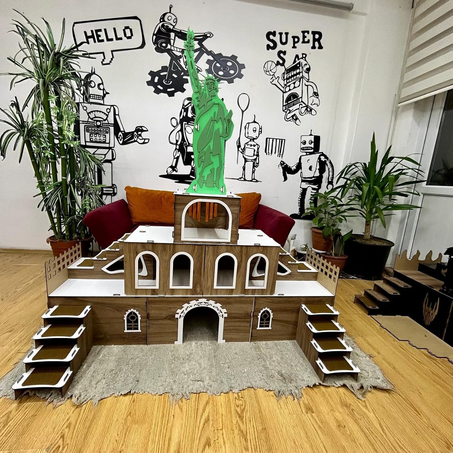 Kaninchenhaus „Statue of Liberty“ – 3-stöckiger Hasenstall aus MDF, inspiriert von der Freiheitsstatue – Großes Kaninchenschloss mit Treppen & Türen – Handgefertigt, zerlegbar, sicher & dekorativ – Bild 6
