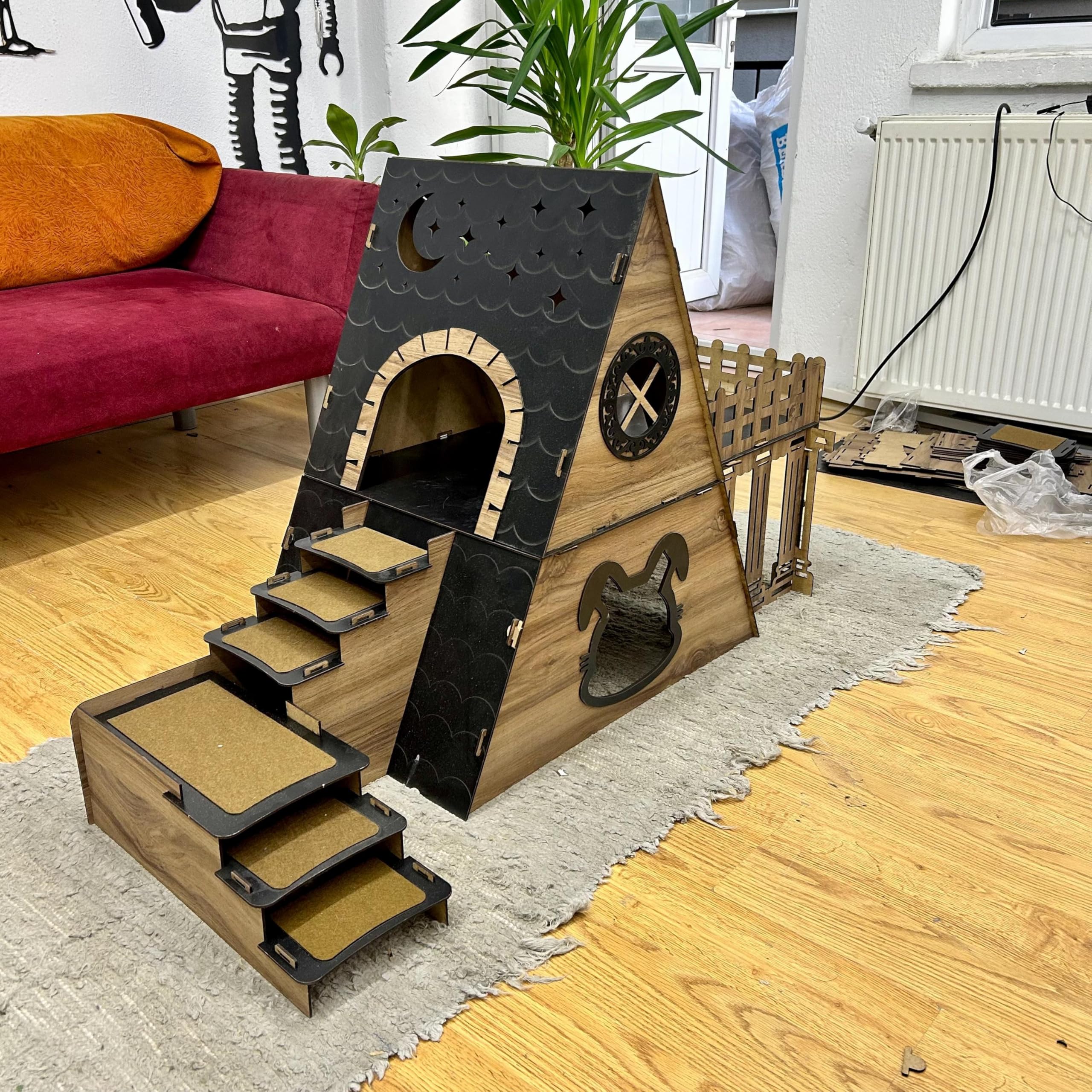 Bungalow Kaninchenhaus Katzenhaus mit Terrasse & Heuraufe – 2‑stöckiges Premium‑Hasenhaus aus 3 mm MDF, handgefertigt & zerlegbar – Indoor/geschützter Outdoor Stall für 1–2 Kaninchen – Bild 7