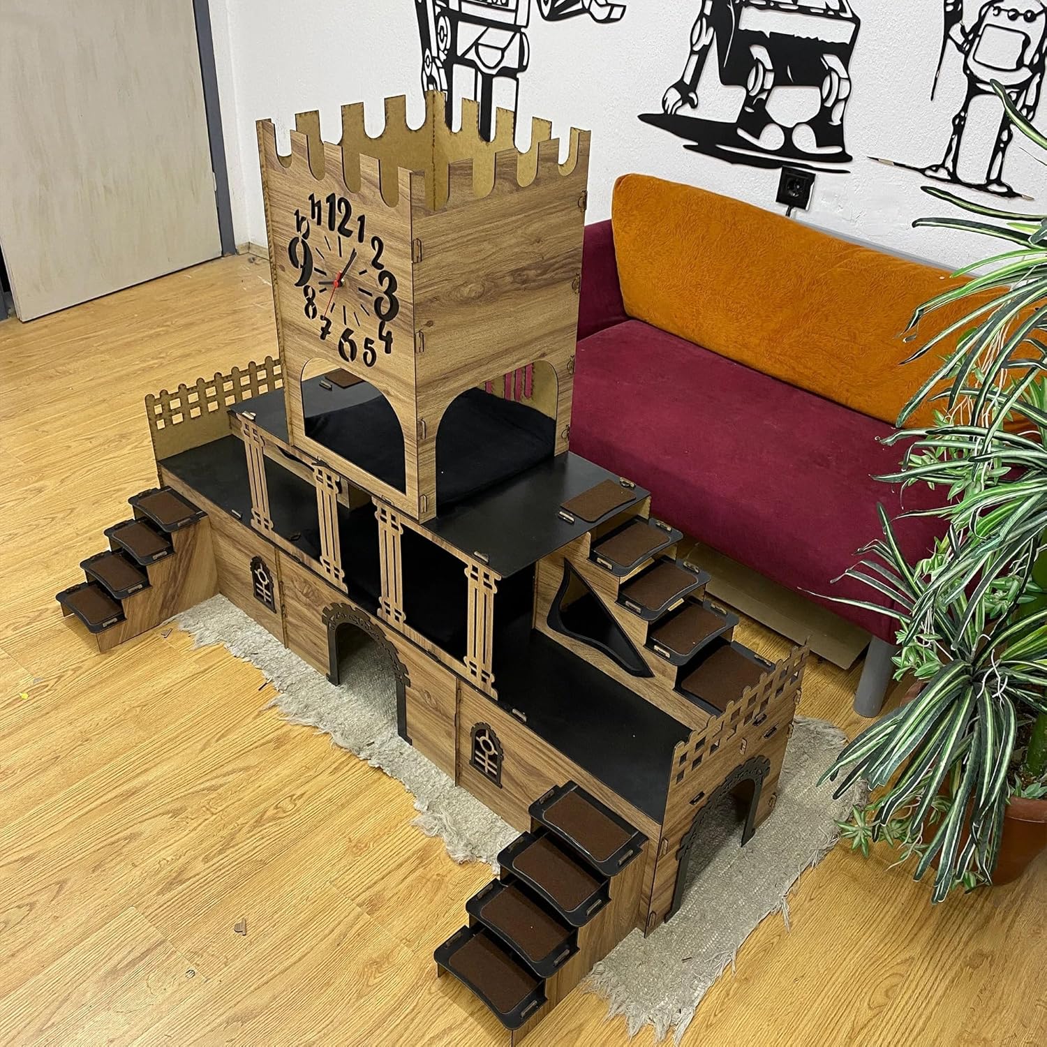 Riesengroße Kaninchenburg mit Glockenturm – 3-stöckiges Kaninchenhaus mit Holzbrücke & Terrasse – Großes Spielhaus für bis zu 4 Kaninchen – Handgefertigt aus 3 mm Sperrholz (Eiche-Schwarz, N) – Bild 7