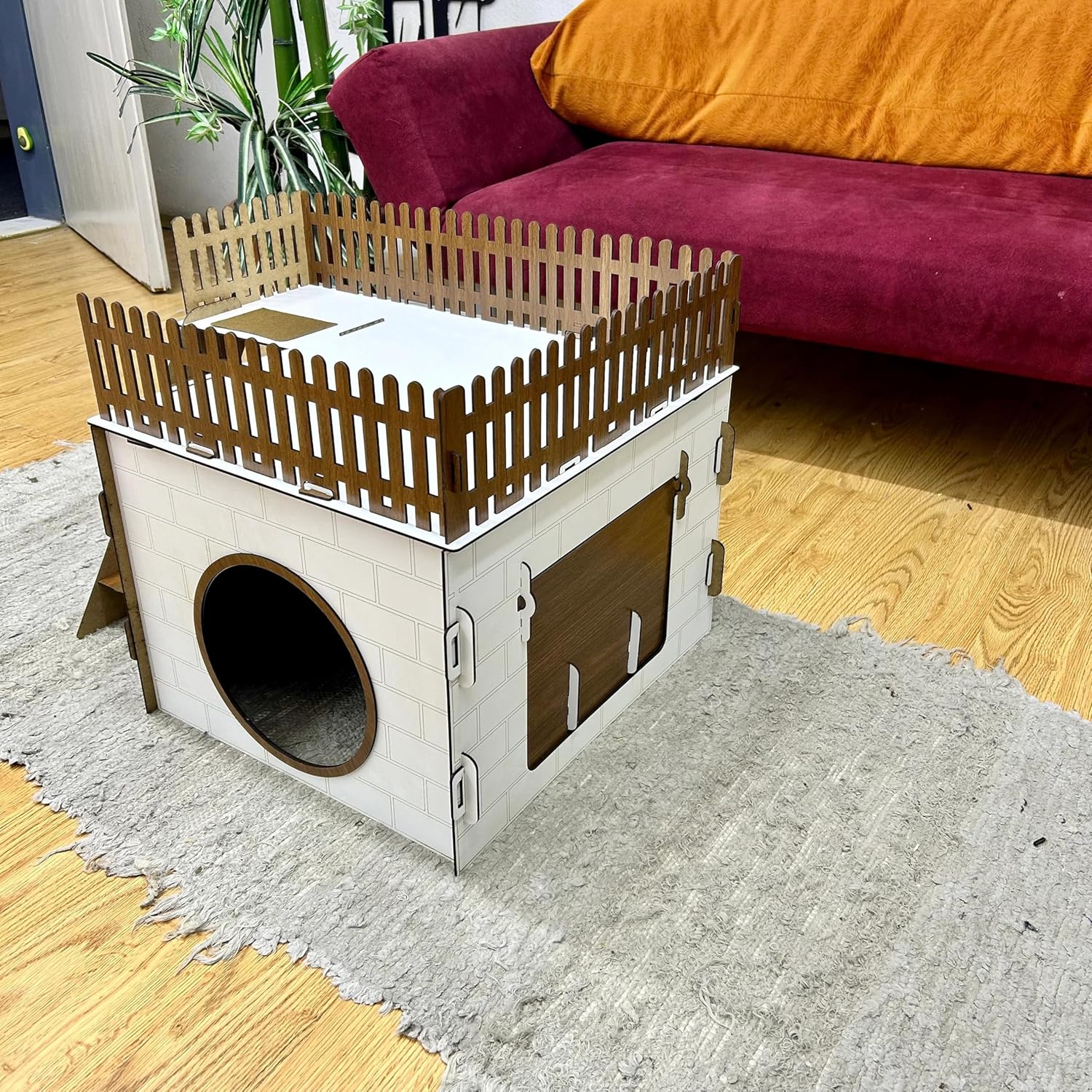 TERAS Kaninchenhaus aus Holz – Hasenhaus mit großer Terrasse & schwingender Tür – Kaninchenmöbel für 1–2 Kaninchen oder Chinchillas – Natürliches & sicheres Design (Eiche-Schwarz, N) – Bild 5