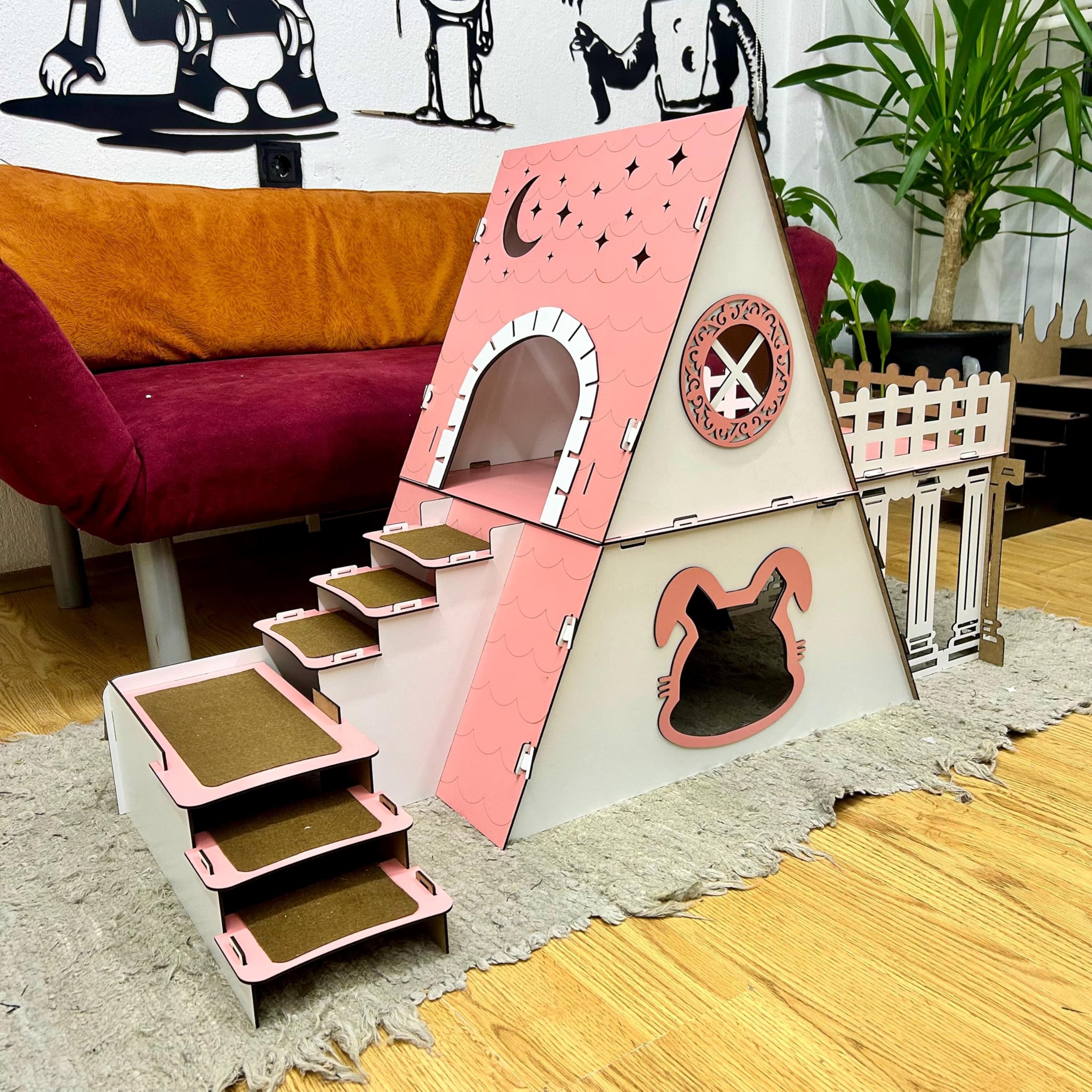 Bungalow Kaninchenhaus Katzenhaus mit Terrasse & Heuraufe – 2‑stöckiges Premium‑Hasenhaus aus 3 mm MDF, handgefertigt & zerlegbar – Indoor/geschützter Outdoor Stall für 1–2 Kaninchen – Bild 8