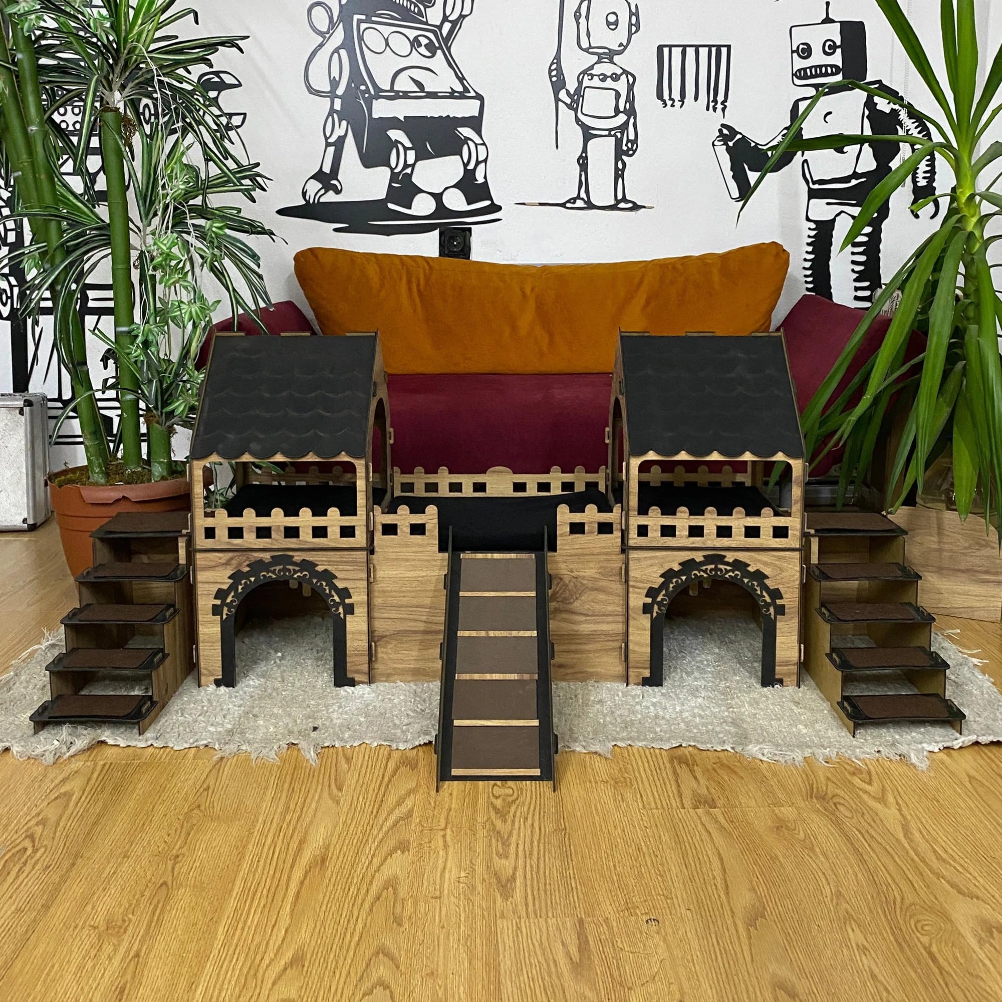 2-stöckiges Meerschweinchenhaus mit Holzbrücke & Terrasse – Großes Spielhaus für bis zu 4 Meerschweinchen – Inkl. Kuschelkissen – Handgefertigt aus Sperrholz (Eiche-weiß, N) – Bild 5