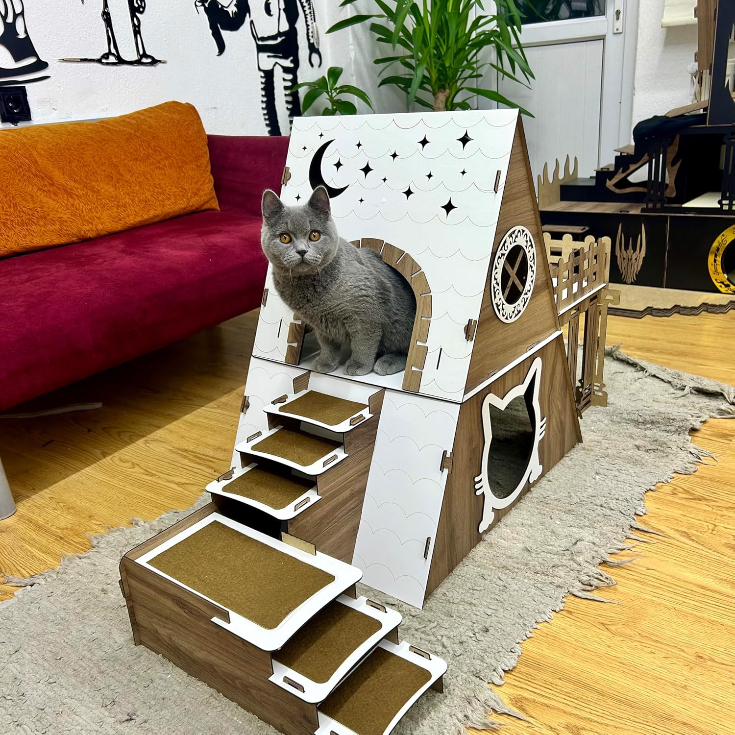 Luxuriöse Katzenhaus aus Holz – Handgefertigtes Bungalow Model für Innenbereich | Mehrstöckiges Schloss mit Plattformen & Treppe | Designer Schlafplatz für Katzen – Bild 2