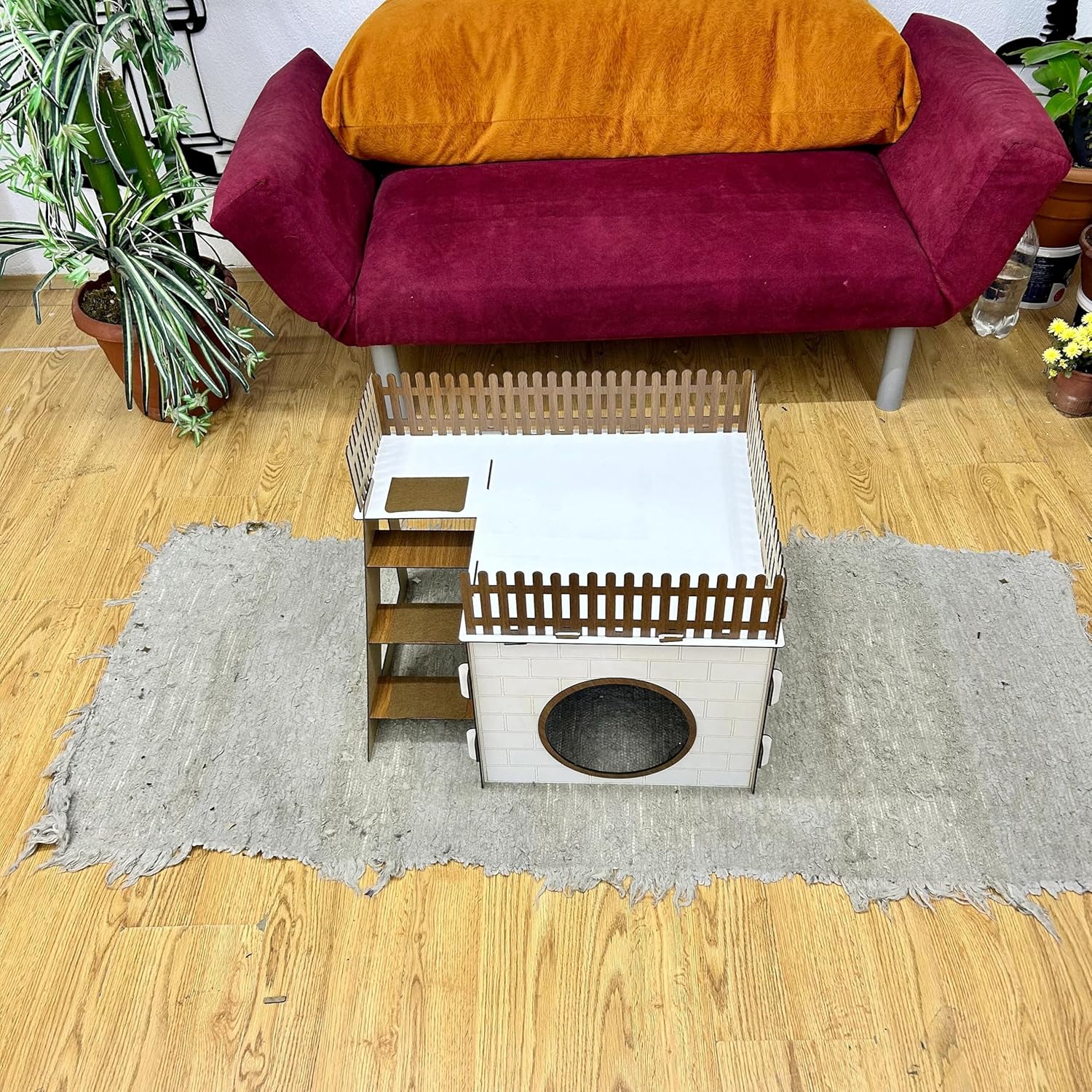 TERAS Kaninchenhaus aus Holz – Hasenhaus mit großer Terrasse & schwingender Tür – Kaninchenmöbel für 1–2 Kaninchen oder Chinchillas – Natürliches & sicheres Design (Eiche-Schwarz, N) – Bild 3