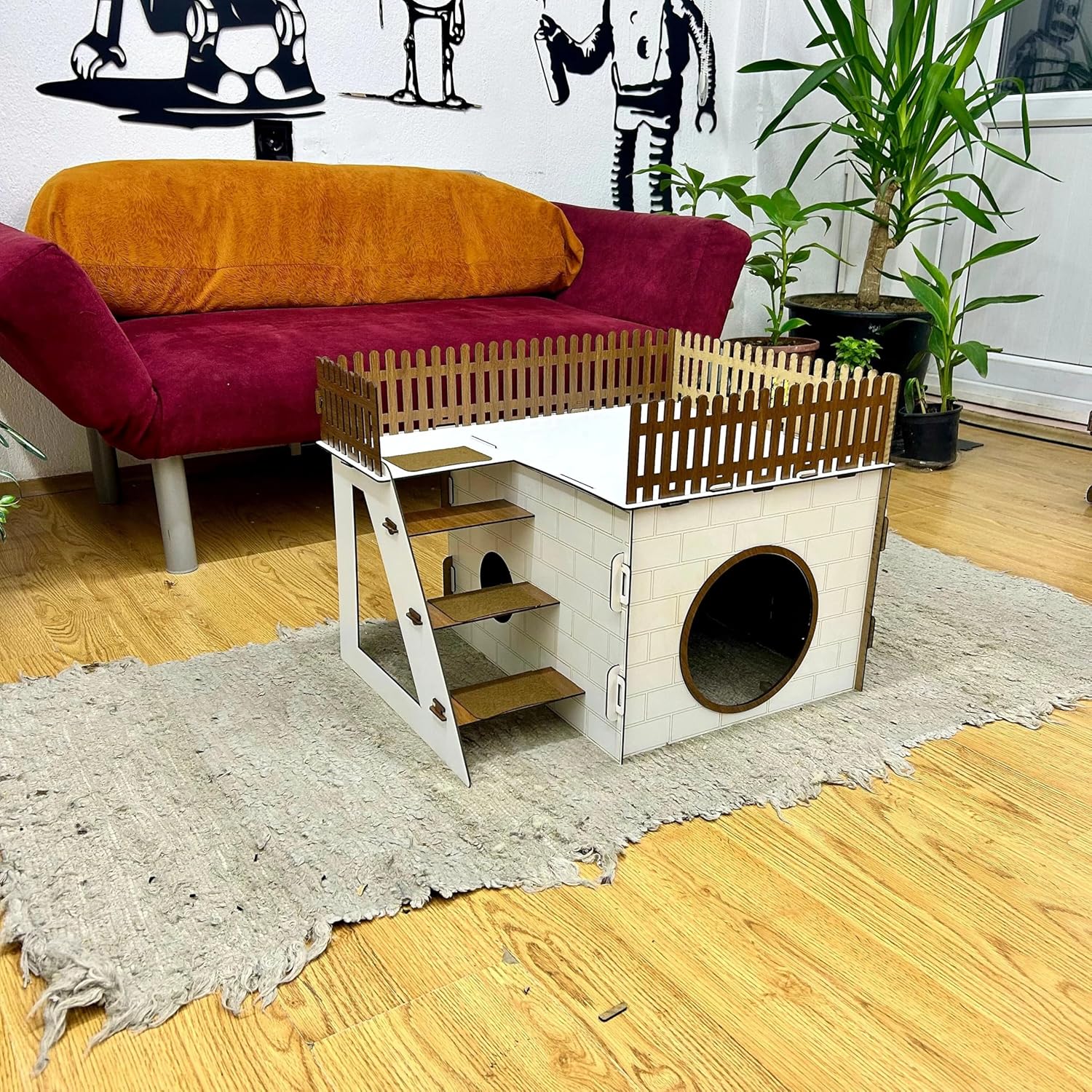 TERAS Kaninchenhaus aus Holz – Hasenhaus mit großer Terrasse & schwingender Tür – Kaninchenmöbel für 1–2 Kaninchen oder Chinchillas – Natürliches & sicheres Design (Eiche-Schwarz, N) – Bild 10