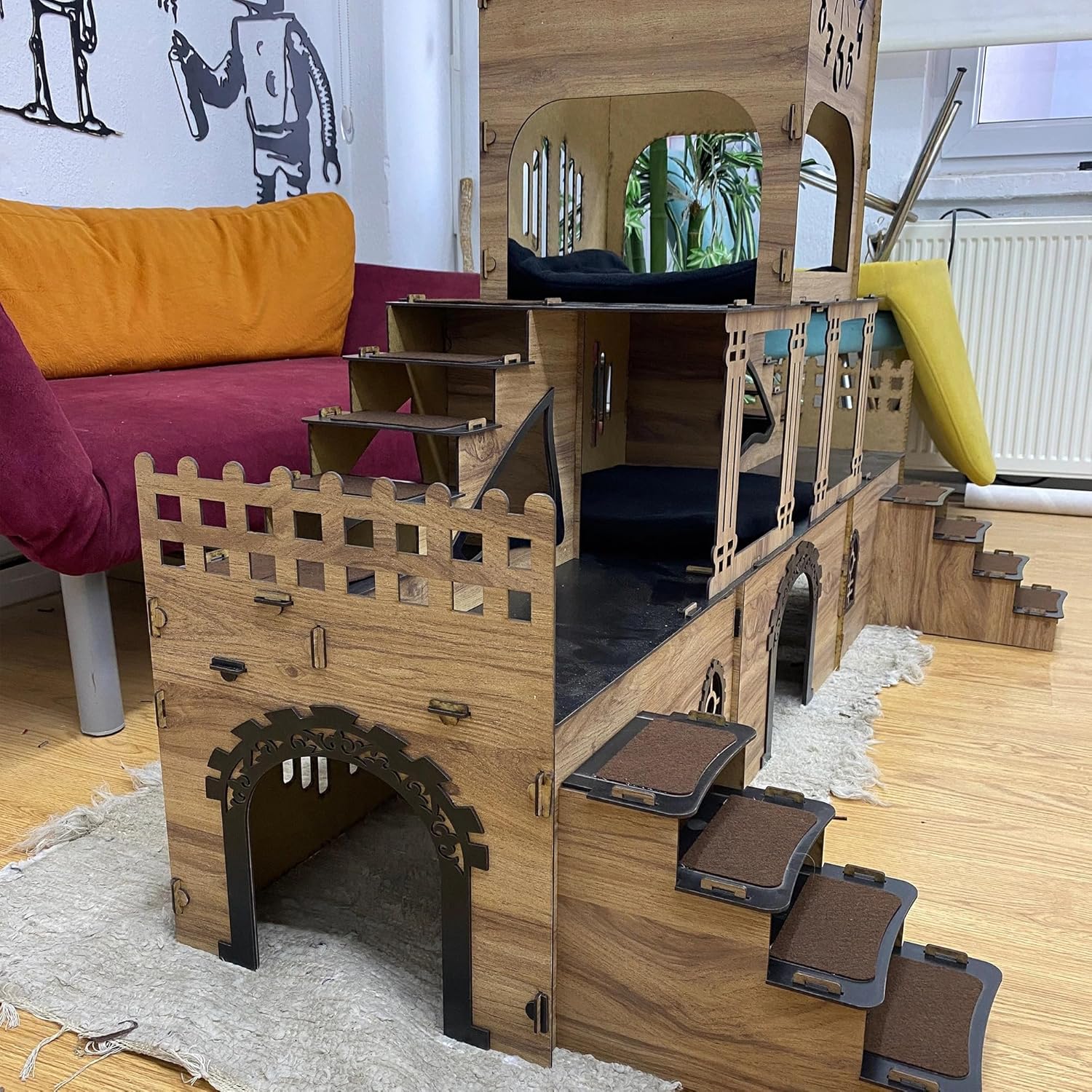 Riesengroße Kaninchenburg mit Glockenturm – 3-stöckiges Kaninchenhaus mit Holzbrücke & Terrasse – Großes Spielhaus für bis zu 4 Kaninchen – Handgefertigt aus 3 mm Sperrholz (Eiche-Schwarz, N) – Bild 4