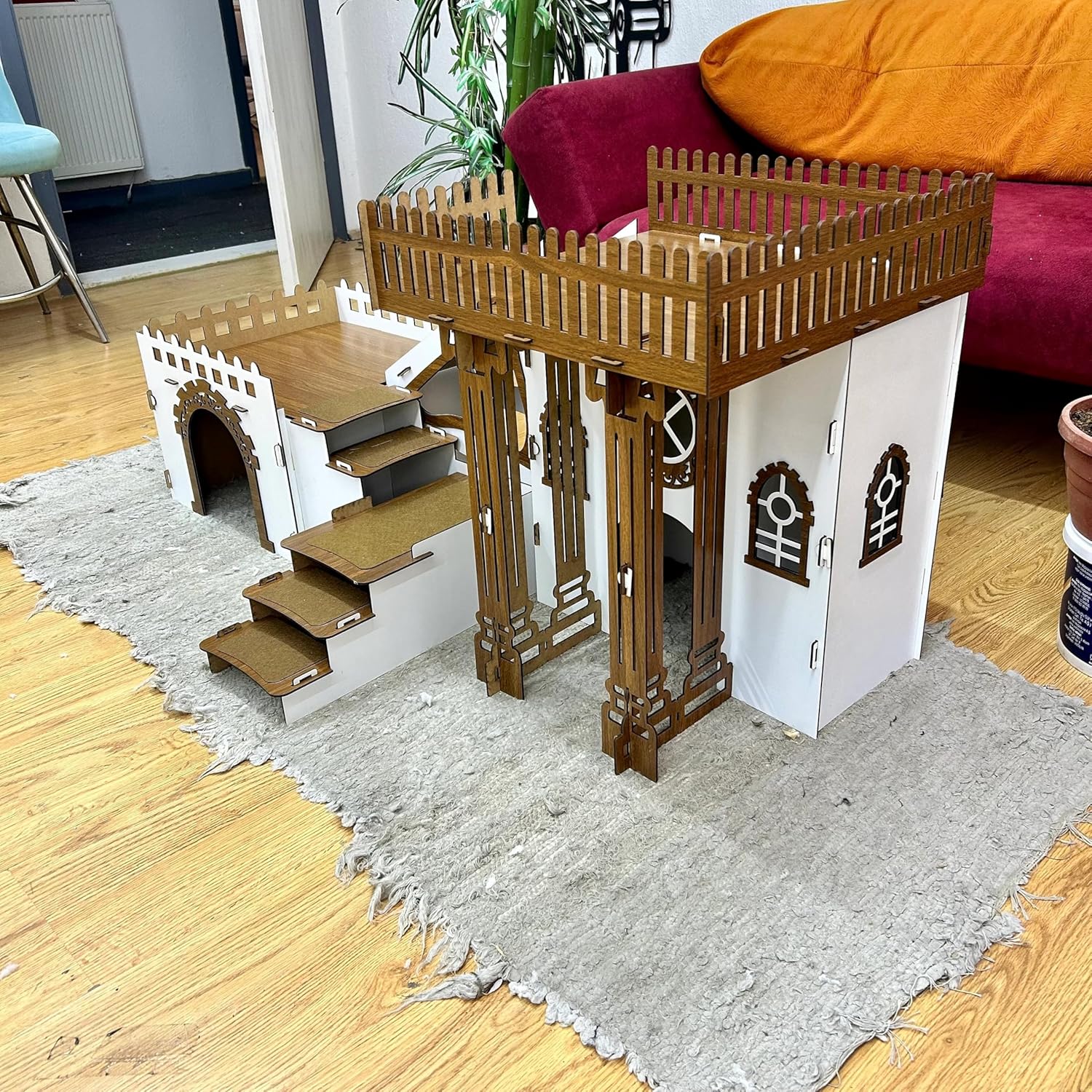 Kaninchenhaus Triplex mit Terrasse & Holzbrücke – 3 Etagen – Modernes Katzenmöbel aus Holz mit Kissen – Bild 2