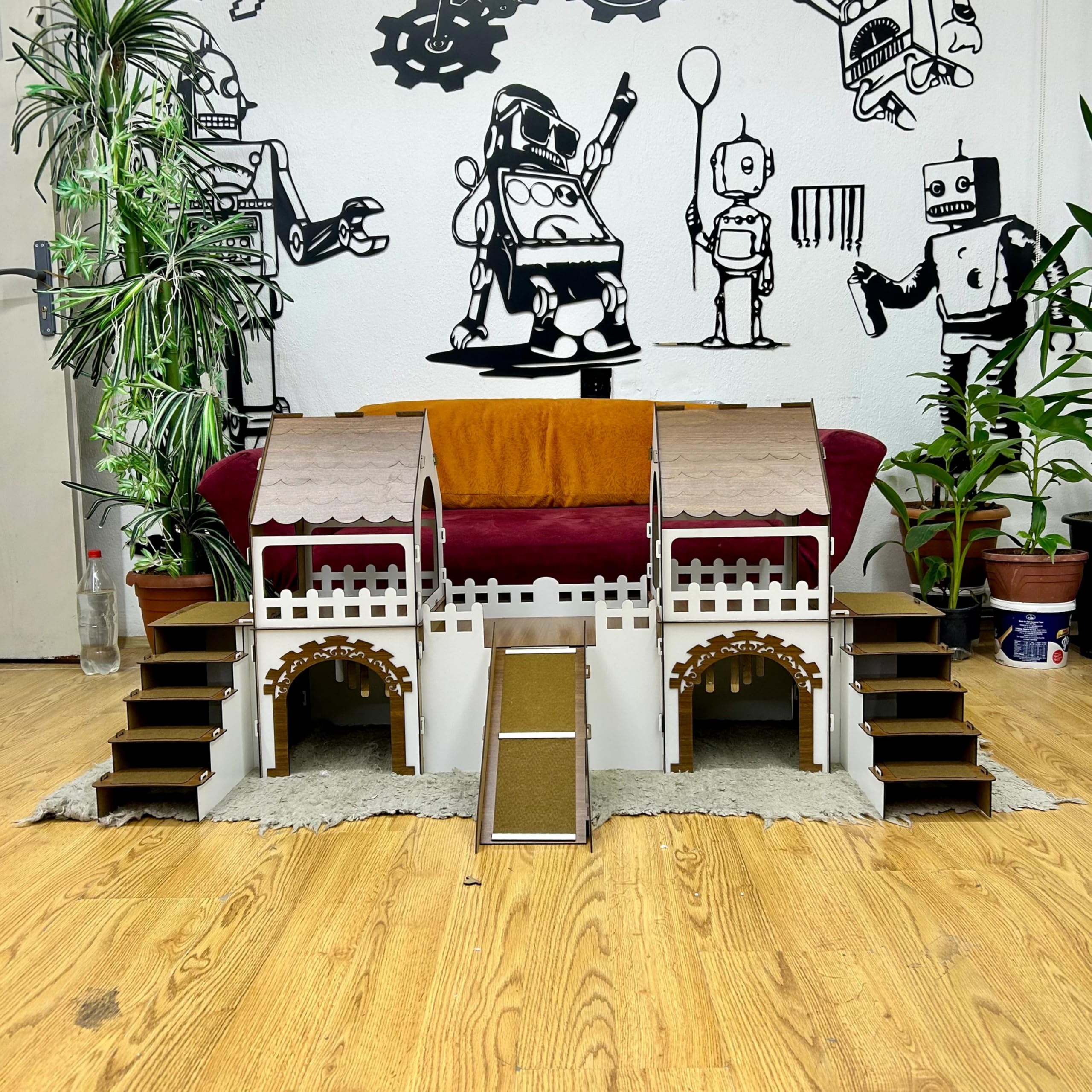 2-stöckiges Meerschweinchenhaus mit Holzbrücke & Terrasse – Großes Spielhaus für bis zu 4 Meerschweinchen – Inkl. Kuschelkissen – Handgefertigt aus Sperrholz (Eiche-weiß, N) – Bild 6