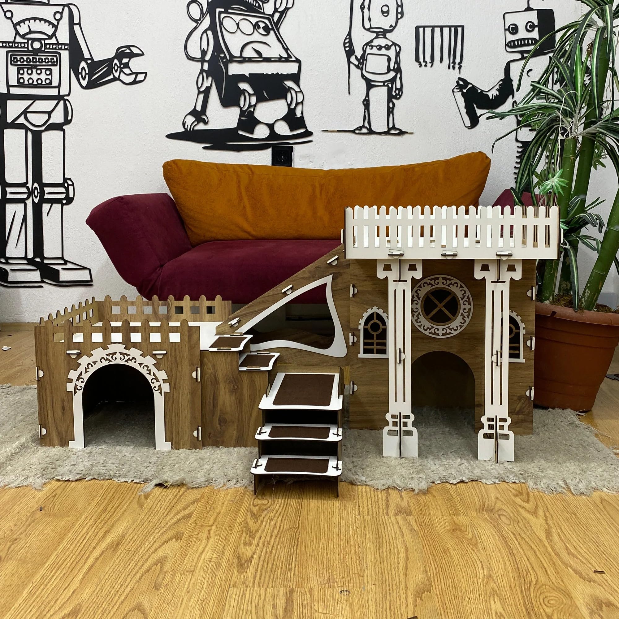 Kaninchenhaus Triplex mit Terrasse & Holzbrücke – 3 Etagen – Modernes Katzenmöbel aus Holz mit Kissen – Bild 3