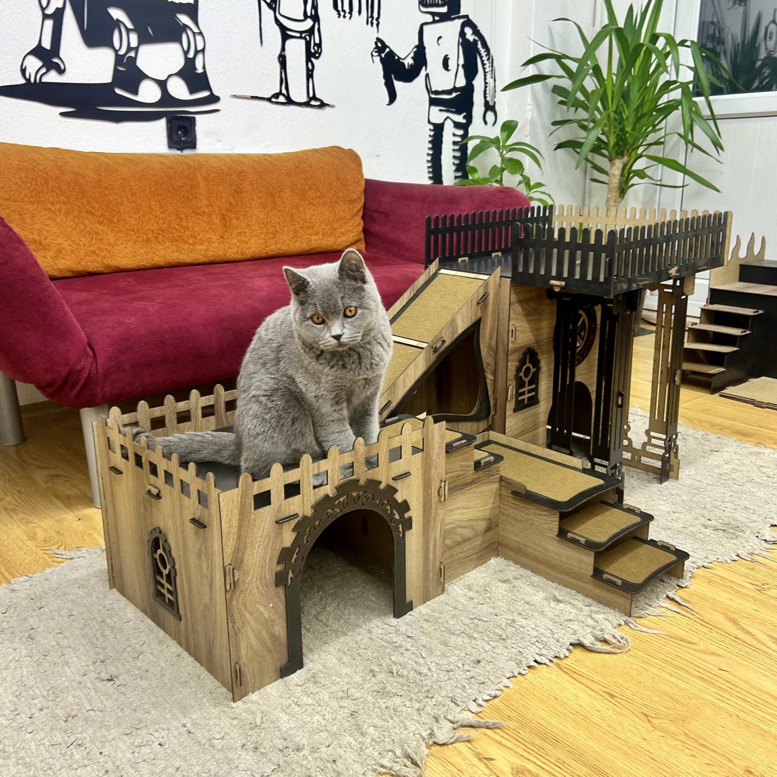 Kaninchenhaus Triplex mit Terrasse & Holzbrücke – 3 Etagen – Modernes Katzenmöbel aus Holz mit Kissen – Bild 4