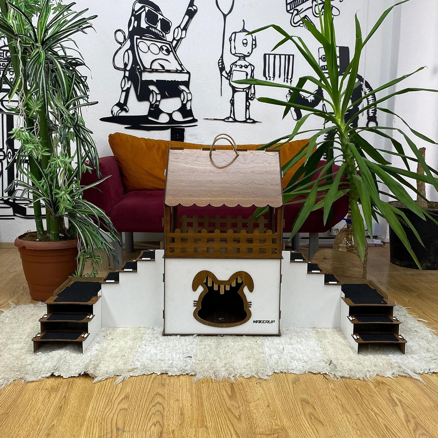 2-stöckige Kaninchenburg aus Holz – Tragbares Hasenhaus mit Tragegriff, Terrasse & Schutzgeländern – Für 1–2 Kaninchen oder Chinchillas – Inkl. Namensschild & Juteseil (Eiche-Schwarz, N) – Bild 2