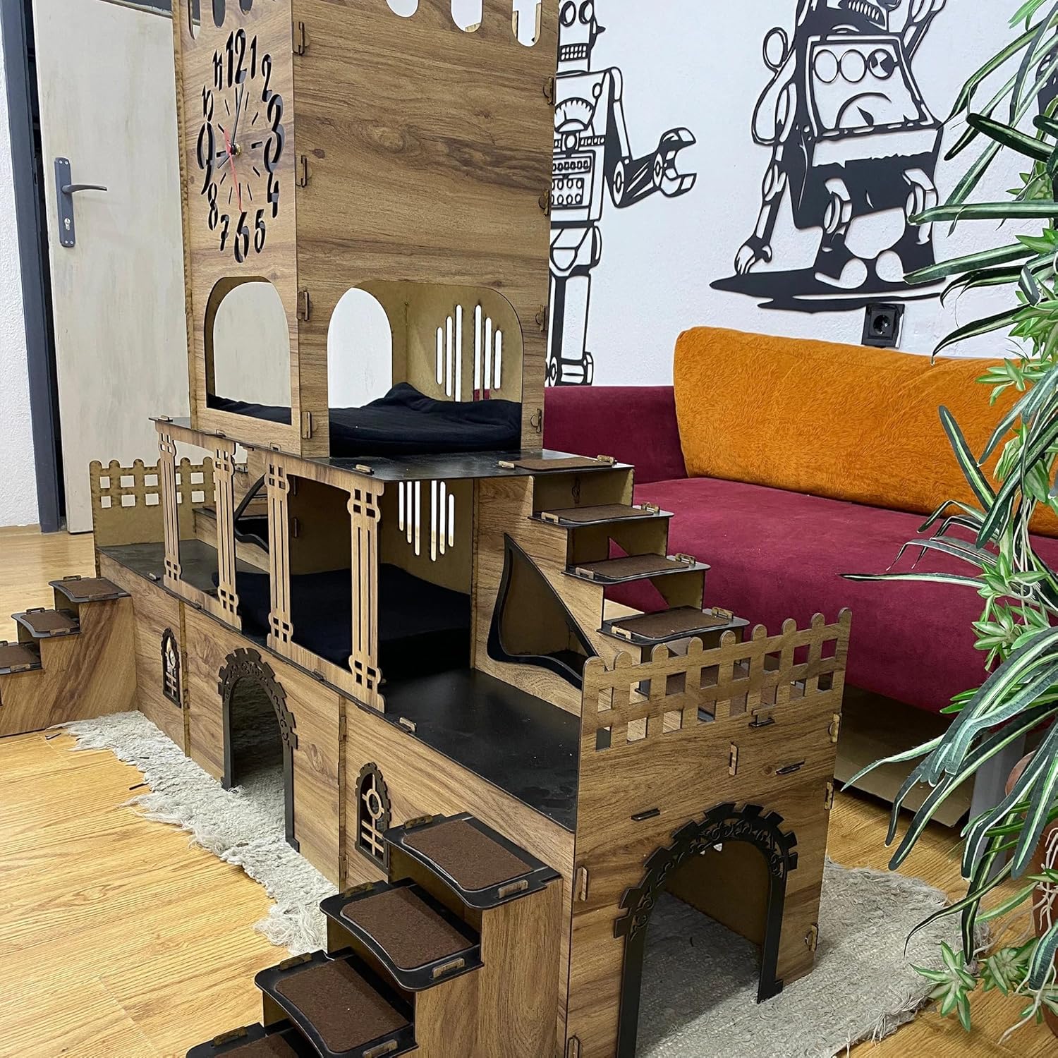 Riesengroße Kaninchenburg mit Glockenturm – 3-stöckiges Kaninchenhaus mit Holzbrücke & Terrasse – Großes Spielhaus für bis zu 4 Kaninchen – Handgefertigt aus 3 mm Sperrholz (Eiche-Schwarz, N) – Bild 5