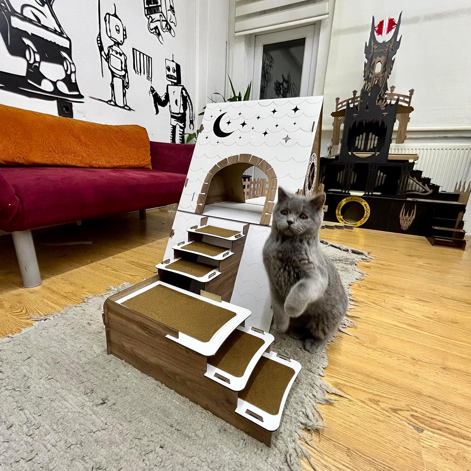 Luxuriöse Katzenhaus aus Holz – Handgefertigtes Bungalow Model für Innenbereich | Mehrstöckiges Schloss mit Plattformen & Treppe | Designer Schlafplatz für Katzen – Bild 4