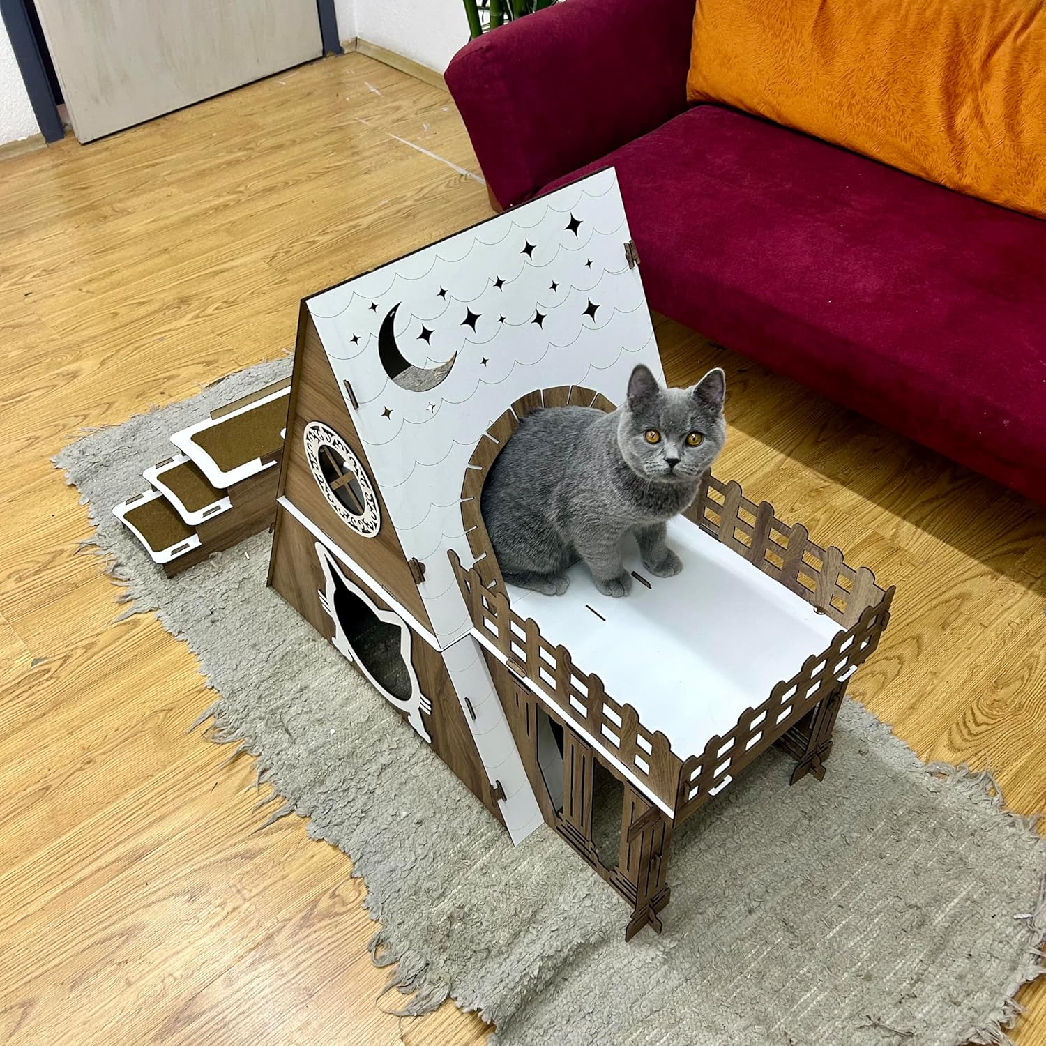 Luxuriöse Katzenhaus aus Holz – Handgefertigtes Bungalow Model für Innenbereich | Mehrstöckiges Schloss mit Plattformen & Treppe | Designer Schlafplatz für Katzen – Bild 3