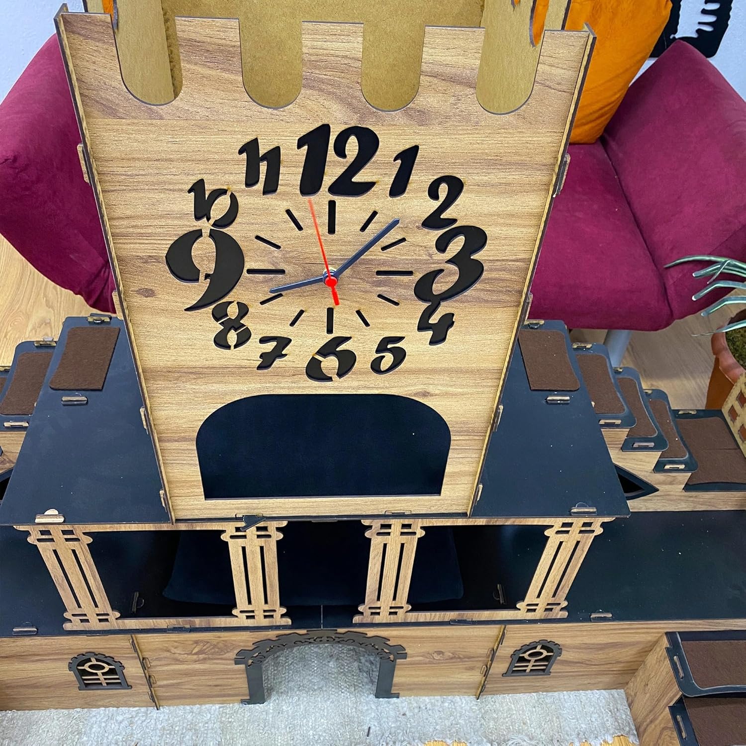 Riesengroße Kaninchenburg mit Glockenturm – 3-stöckiges Kaninchenhaus mit Holzbrücke & Terrasse – Großes Spielhaus für bis zu 4 Kaninchen – Handgefertigt aus 3 mm Sperrholz (Eiche-Schwarz, N) – Bild 2