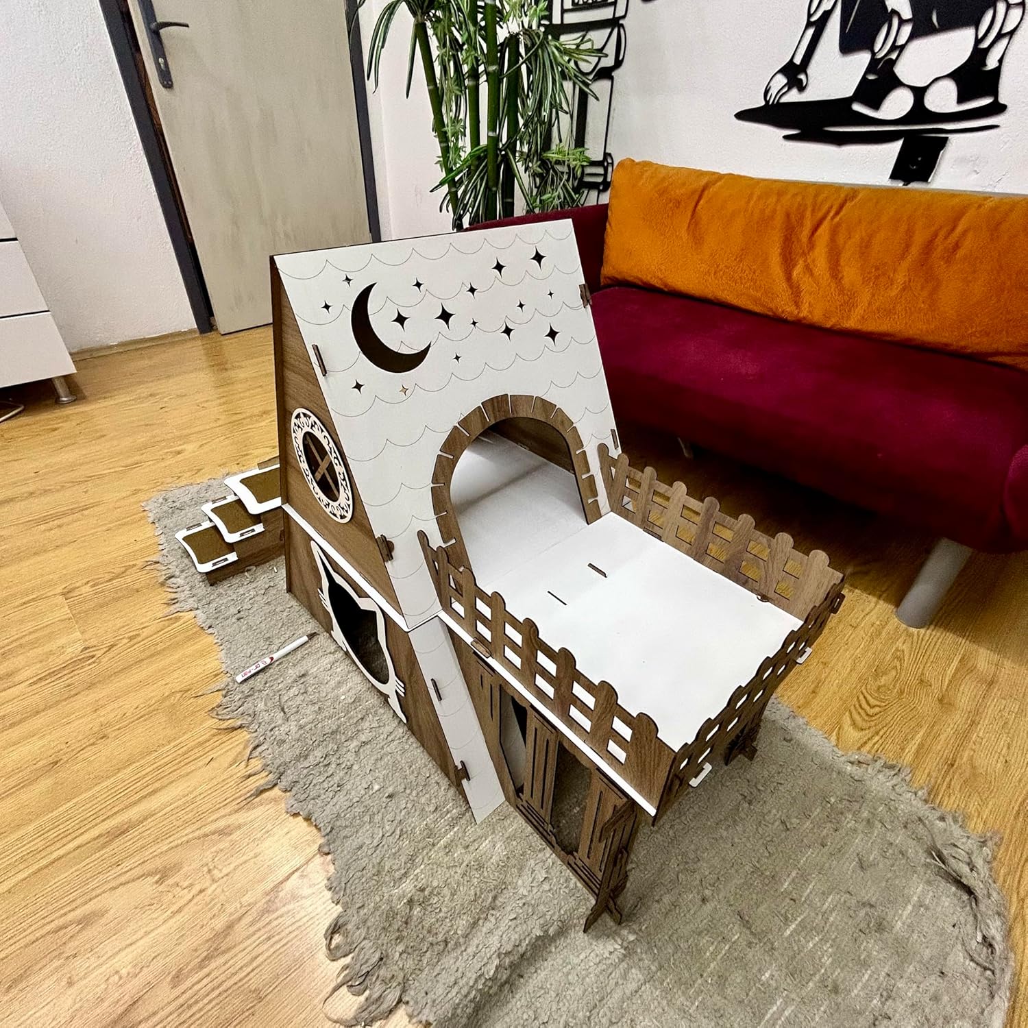 Luxuriöse Katzenhaus aus Holz – Handgefertigtes Bungalow Model für Innenbereich | Mehrstöckiges Schloss mit Plattformen & Treppe | Designer Schlafplatz für Katzen – Bild 5