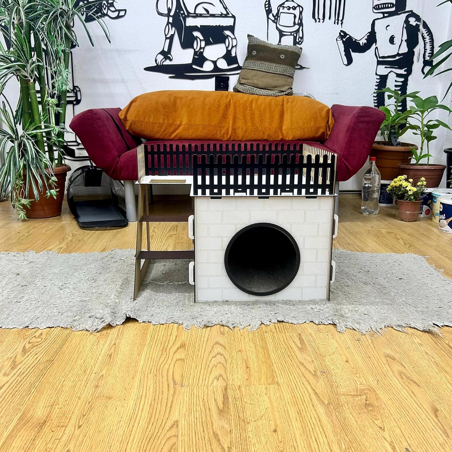 TERAS Kaninchenhaus aus Holz – Hasenhaus mit großer Terrasse & schwingender Tür – Kaninchenmöbel für 1–2 Kaninchen oder Chinchillas – Natürliches & sicheres Design (Eiche-Schwarz, N) – Bild 7