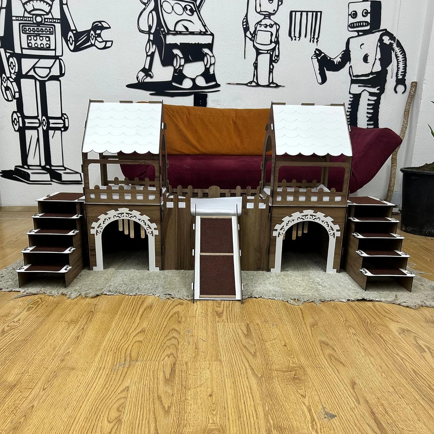 2-stöckiges Meerschweinchenhaus mit Holzbrücke & Terrasse – Großes Spielhaus für bis zu 4 Meerschweinchen – Inkl. Kuschelkissen – Handgefertigt aus Sperrholz (Eiche-weiß, N) – Bild 3