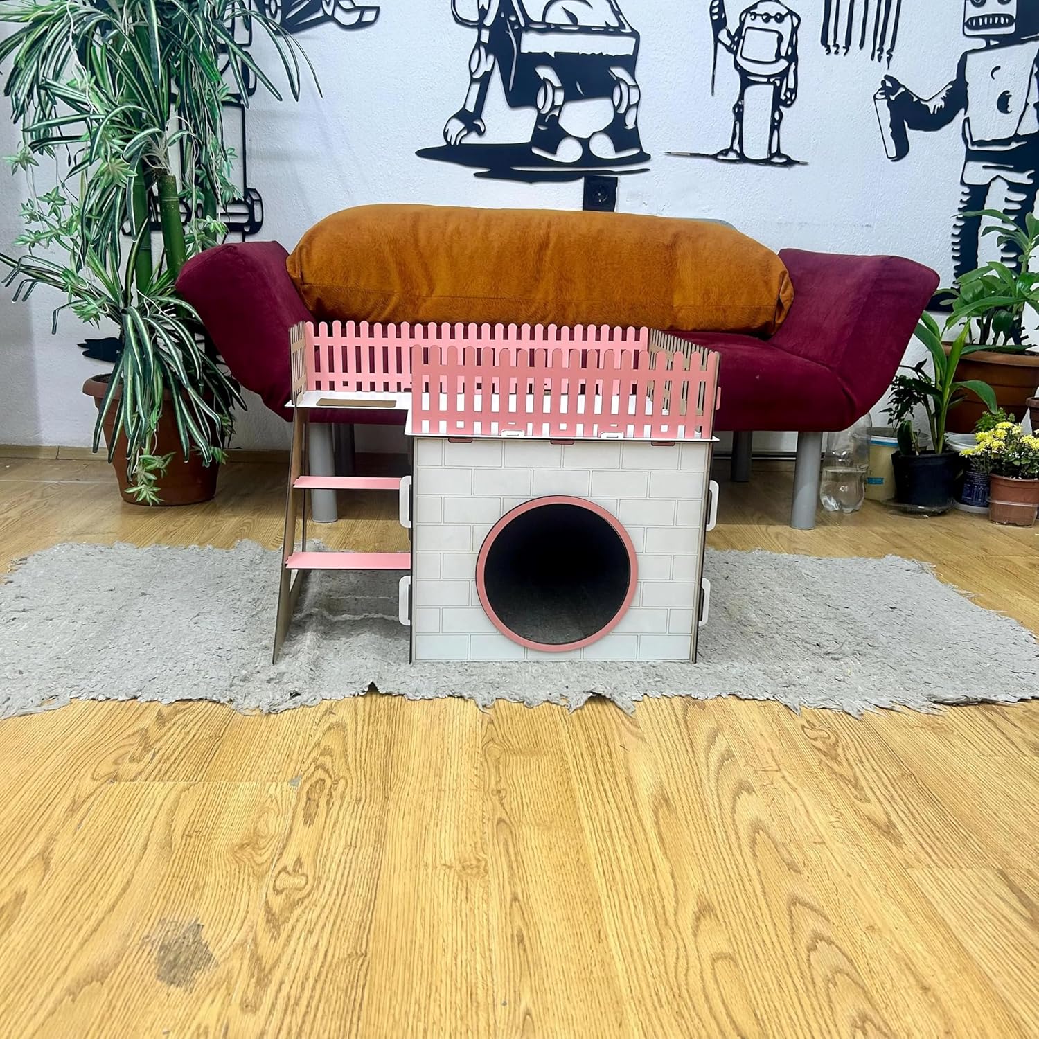 TERAS Kaninchenhaus aus Holz – Hasenhaus mit großer Terrasse & schwingender Tür – Kaninchenmöbel für 1–2 Kaninchen oder Chinchillas – Natürliches & sicheres Design (Eiche-Schwarz, N) – Bild 6