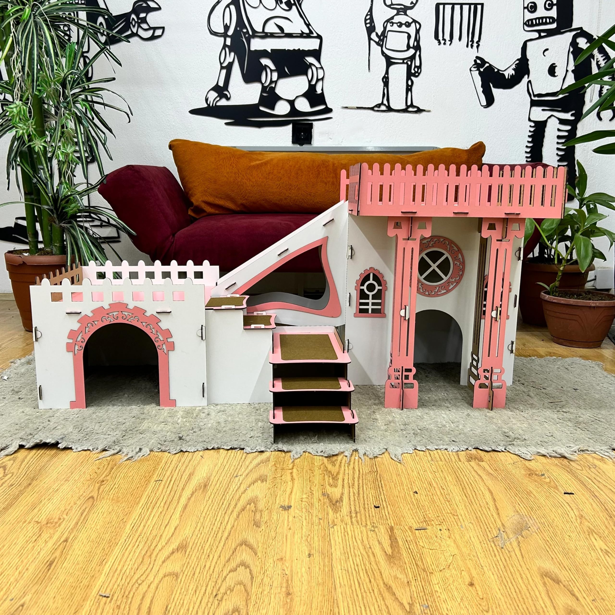 Kaninchenhaus Triplex mit Terrasse & Holzbrücke – 3 Etagen – Modernes Katzenmöbel aus Holz mit Kissen – Bild 5