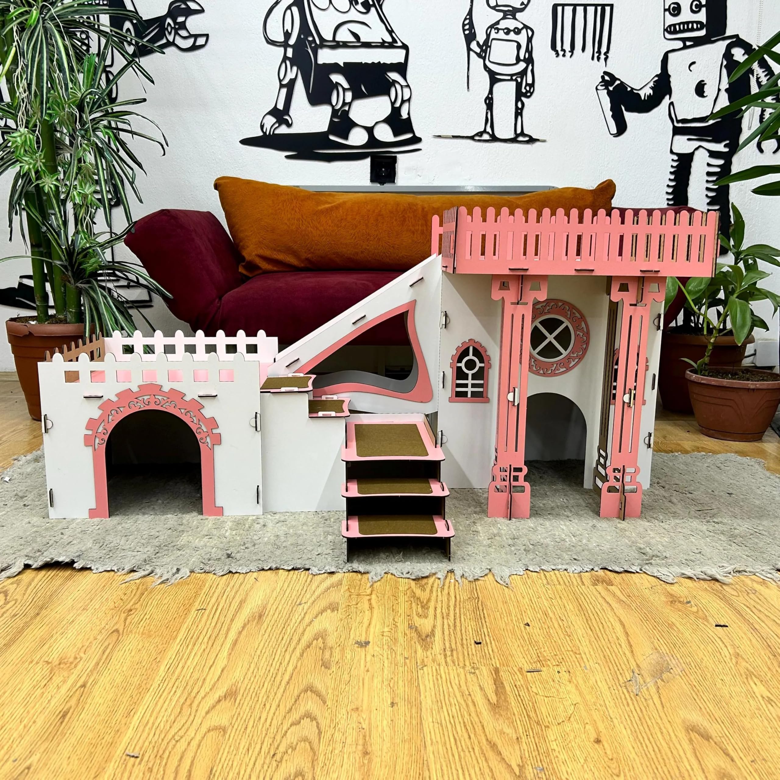 Triplex Kaninchenhaus mit Terrasse – 3-stöckiges Holzhaus mit Brücken & Rampen für bis zu 4 Kaninchen – Inkl. Kissen – Großes Spielhaus für Innenbereich (Weiß-Walnuss, N) – Bild 7