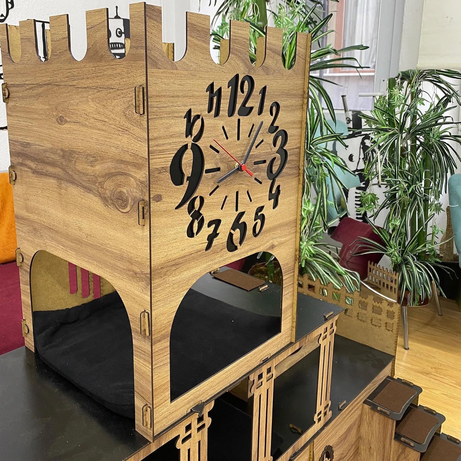 Riesengroße Kaninchenburg mit Glockenturm – 3-stöckiges Kaninchenhaus mit Holzbrücke & Terrasse – Großes Spielhaus für bis zu 4 Kaninchen – Handgefertigt aus 3 mm Sperrholz (Eiche-Schwarz, N) – Bild 6