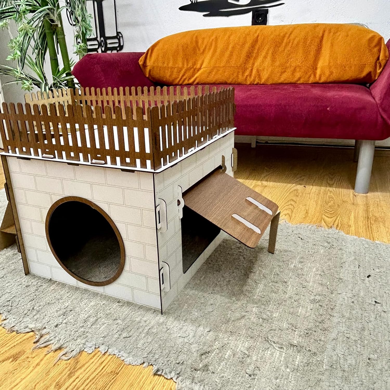 TERAS Kaninchenhaus aus Holz – Hasenhaus mit großer Terrasse & schwingender Tür – Kaninchenmöbel für 1–2 Kaninchen oder Chinchillas – Natürliches & sicheres Design (Eiche-Schwarz, N) – Bild 2