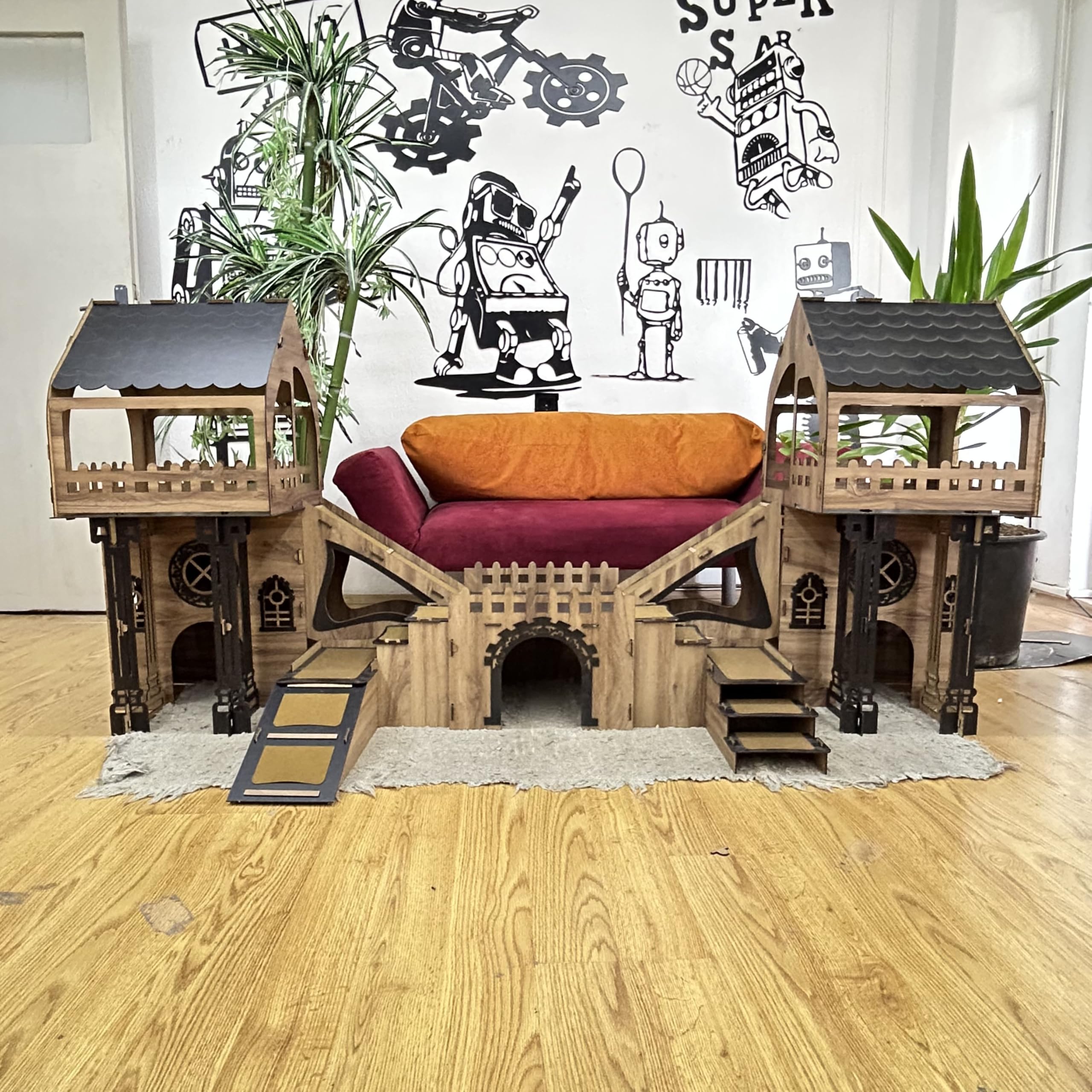 Kaninchenhaus aus Holz – 3 Etagen mit Terrasse & Brücke – Für bis zu 4 Kaninchen Indoor Kleintierhaus Mit Kissen ROOFED City – Bild 9