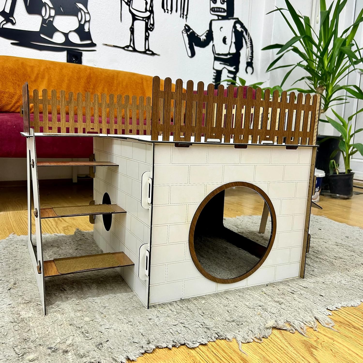 TERAS Kaninchenhaus aus Holz – Hasenhaus mit großer Terrasse & schwingender Tür – Kaninchenmöbel für 1–2 Kaninchen oder Chinchillas – Natürliches & sicheres Design (Eiche-Schwarz, N) – Bild 4