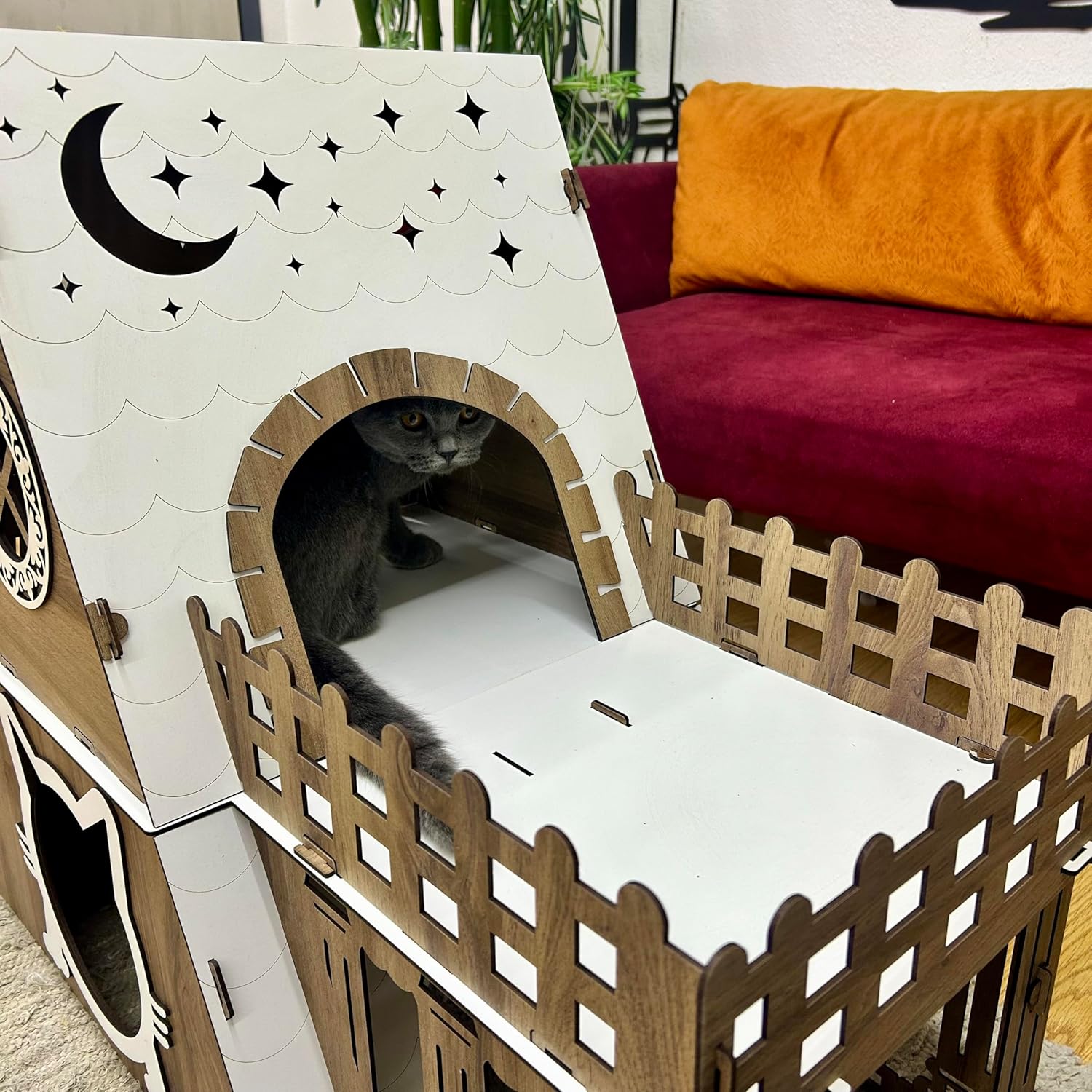 Luxuriöse Katzenhaus aus Holz – Handgefertigtes Bungalow Model für Innenbereich | Mehrstöckiges Schloss mit Plattformen & Treppe | Designer Schlafplatz für Katzen – Bild 6