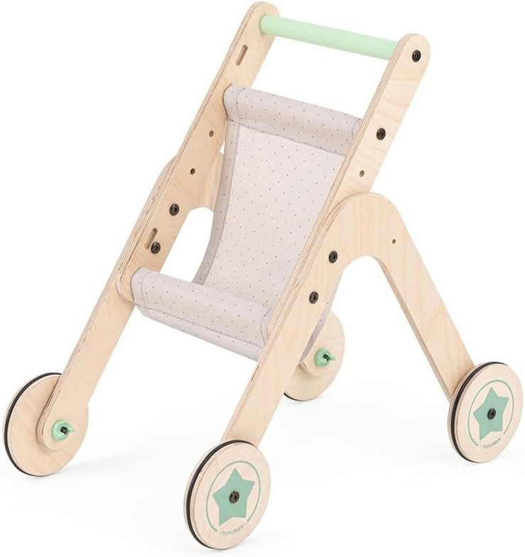 04TSTR Triio Kinderwagen, Spielzeug-Kinderwagen für Puppen aus natürlichem Birkensperrholz, Gehhilfe für erste Schritte zum Laufenlernen mit verstellbaren Rädern