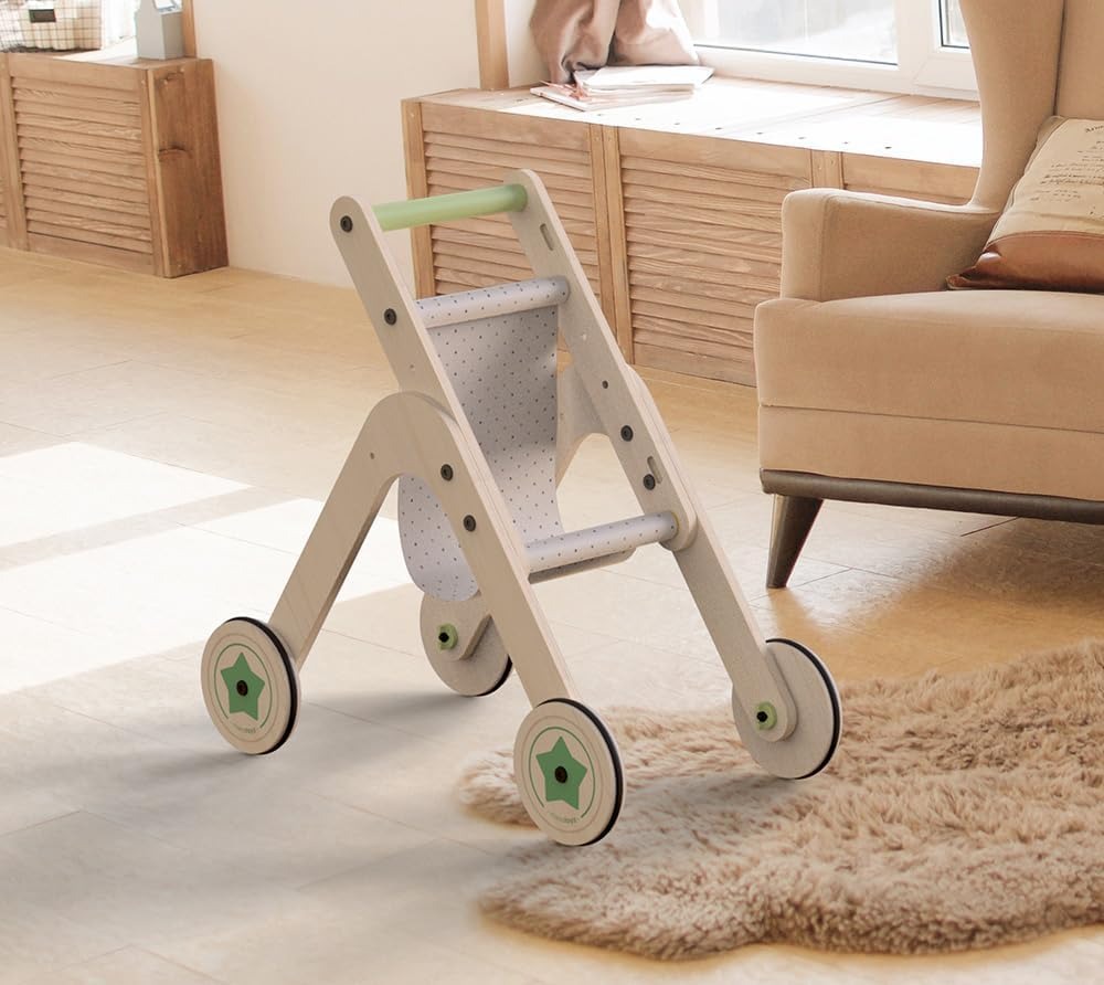 04TSTR Triio Kinderwagen, Spielzeug-Kinderwagen für Puppen aus natürlichem Birkensperrholz, Gehhilfe für erste Schritte zum Laufenlernen mit verstellbaren Rädern – Bild 4