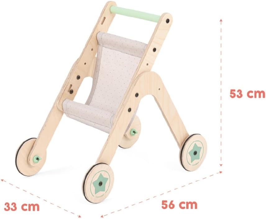 04TSTR Triio Kinderwagen, Spielzeug-Kinderwagen für Puppen aus natürlichem Birkensperrholz, Gehhilfe für erste Schritte zum Laufenlernen mit verstellbaren Rädern – Bild 3