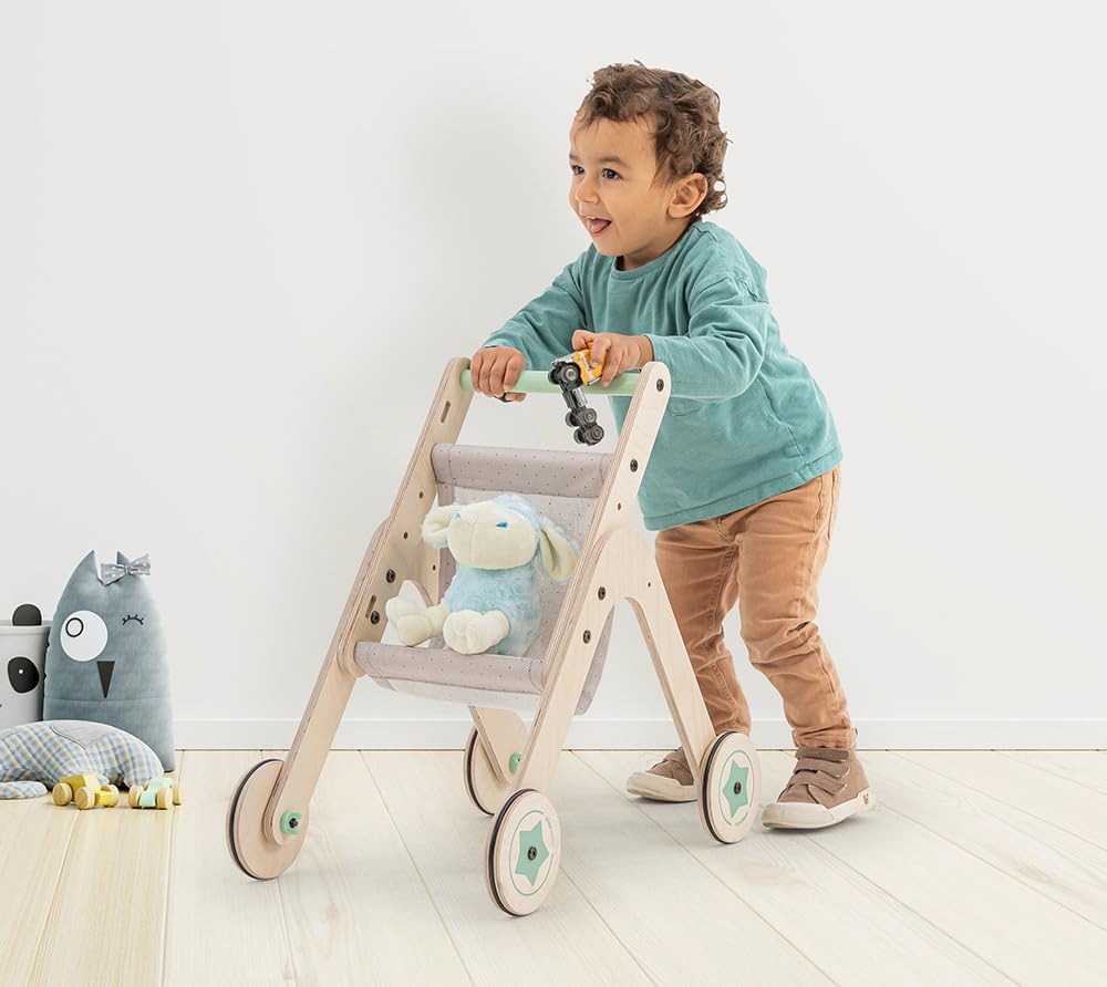 04TSTR Triio Kinderwagen, Spielzeug-Kinderwagen für Puppen aus natürlichem Birkensperrholz, Gehhilfe für erste Schritte zum Laufenlernen mit verstellbaren Rädern – Bild 2