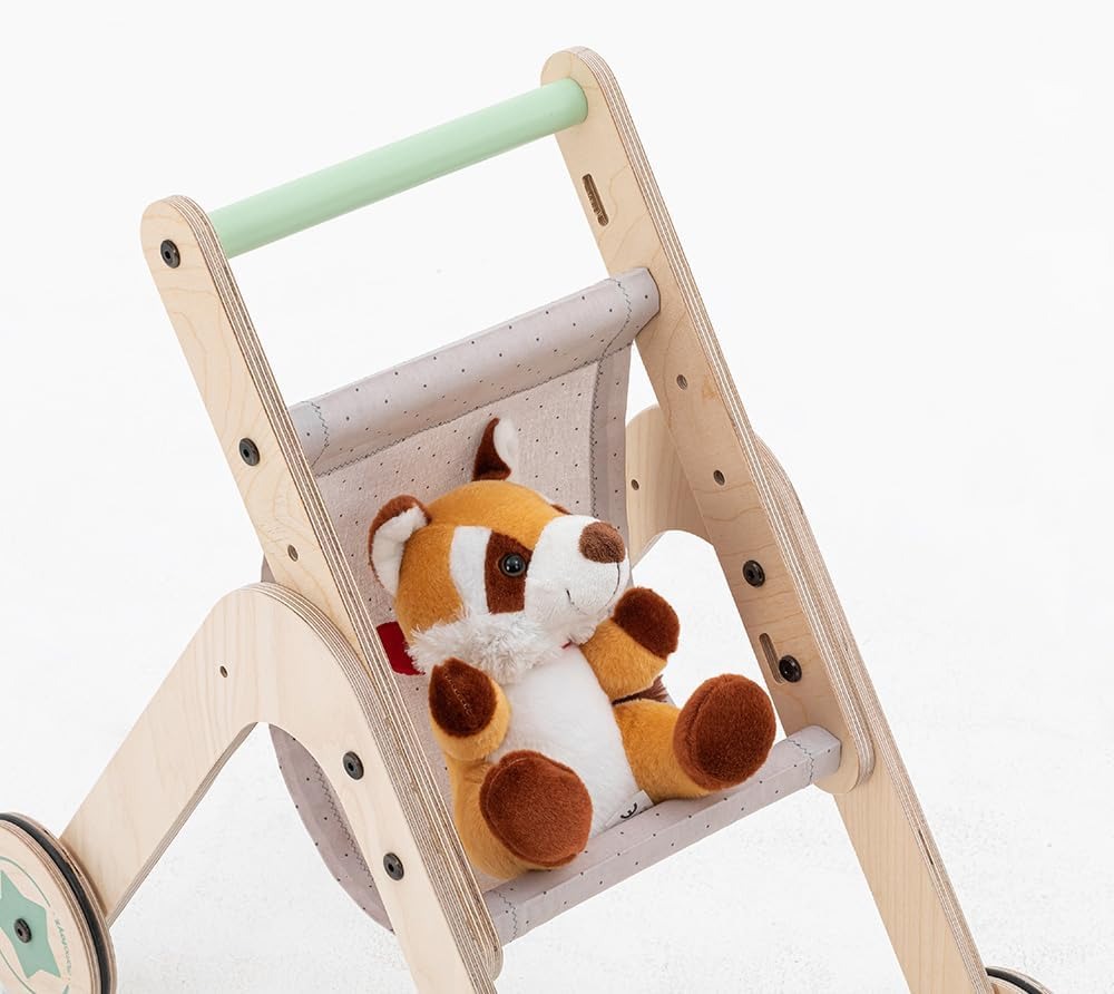 04TSTR Triio Kinderwagen, Spielzeug-Kinderwagen für Puppen aus natürlichem Birkensperrholz, Gehhilfe für erste Schritte zum Laufenlernen mit verstellbaren Rädern – Bild 7